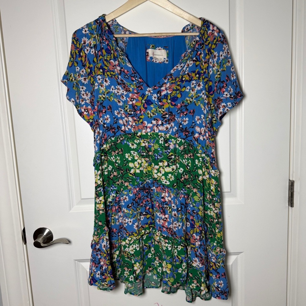 Anthropologie Robin Tiered Mini Dress LP Blue Green Floral Boho Cottagecore - Picture 1 of 11